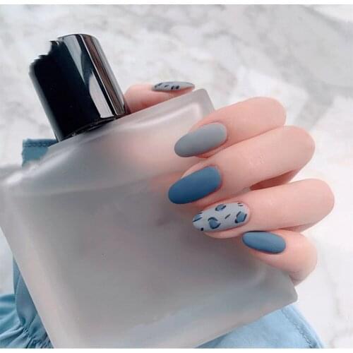24pcs/Set European Matte False Nails Full Finished Blue Leopard Pattern Fake Nails Beauty Artificial Full Cover Nail Art Tips