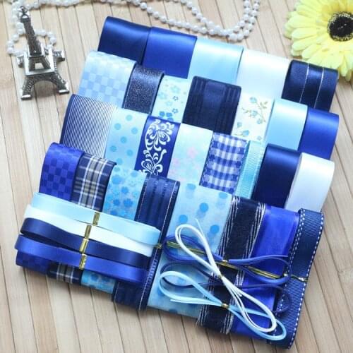 36 Yards/Set---DIY Hair Bow Material Blue Gradual Change Color Mix Ribbon Set