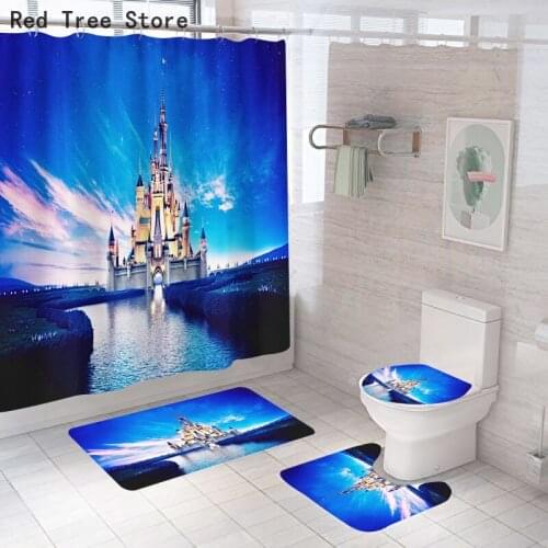 Beautiful Landscape 3d Printing 4pcs Shower Curtain Set with Toilet Cover and Bath Mat Waterproof Bathroom Decor Scenery Styles