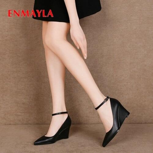 ENMAYLA 2019 Luxury Shoes Women Classics Genuine Leather Wedding Shoes Basic Buckle Pointed Toe Wedges Heels High Heels 34-42