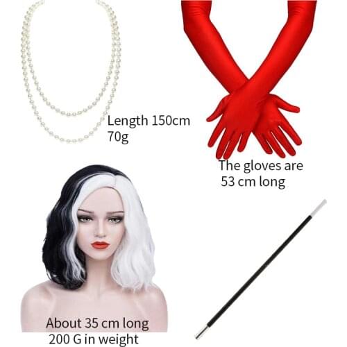 Cruella De Vil Cosplay Props Wig Gloves Necklace Cigarette Stick Accessories Full Sets Women Girls Halloween Carnival Party