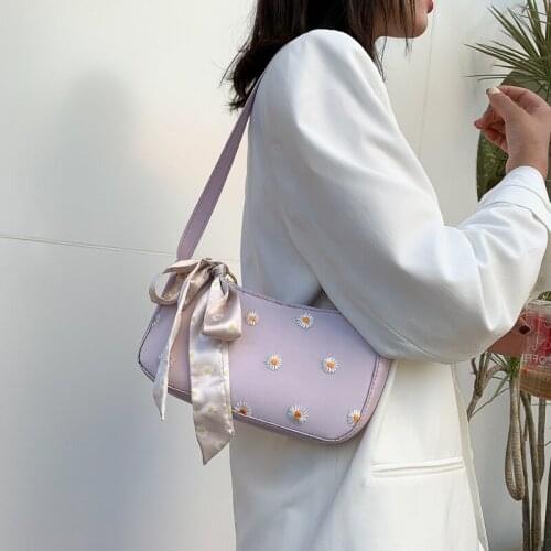 Fashion Women Shoulder Bag PU Leather Floral Handbag 2020 Luxury Designer Women Hand Bag Female Small Shoulder Bags Ribbon Purse