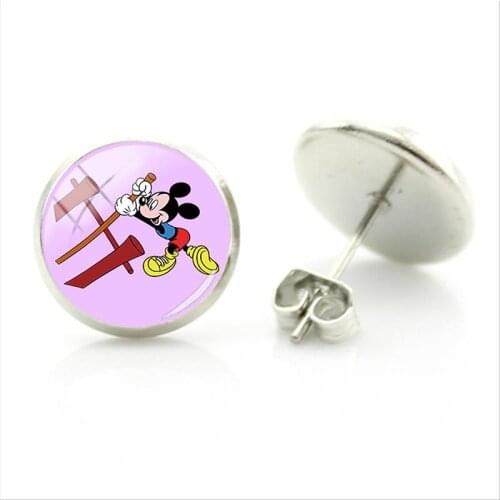 Disney Fashion Personality Earrings Mickey Playing Baseball Skating Skateboarding Picture Glass Cabochon Lady Earrings