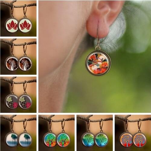 Fashion Jewelry Tree of Life Earrings Creative Spider Web Lotus Picture Dangle Earring Glass Dome Pendant Gift for Women Girls
