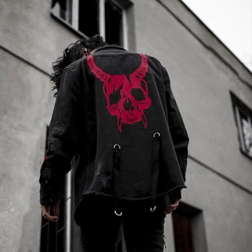 Mens Jean Jacket Hip Hop Streetwear Skull Black Sweatshirt Heavy Metal Rock Punk Clothes Fashion Chaqueta Denim Cowboy Coat