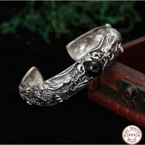 Punk Rock Double Dragon opening Bangle 925 sterling silver colour Bracelet Bangle for Men jewelry famoubrand Black Onyx stone