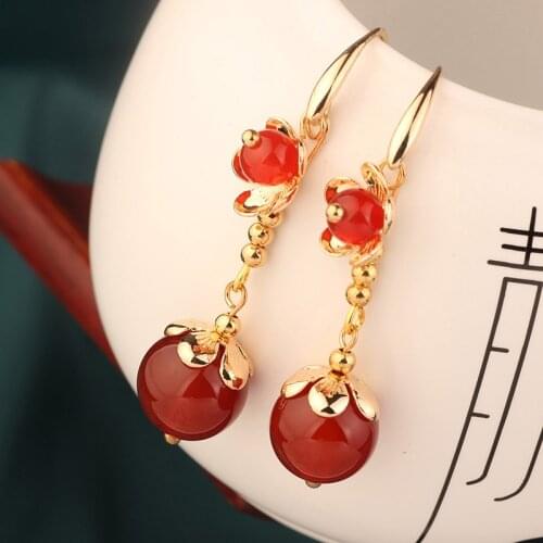 MYWINY 2019 New red nature stones rose flowers earrings dangle ethnic flower thread earrings jewelry for women and girl gift