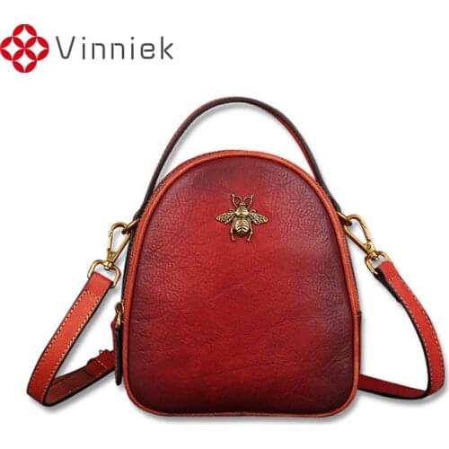 2020 New Vintage Womens Bags Genuine Leather Ladies Handbag Handmade Small Round Shoulder Bags Cute Cross Body Hardware Bee Bag