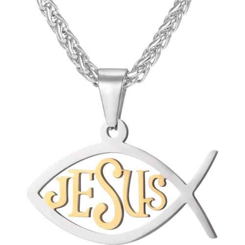 Collare Jesus Fish Pendant Ichthus Stainless Steel Gold/Black Color Men Religious Christian Jewelry Ichthys Necklace Women P076