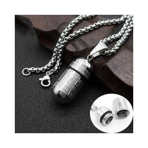 Retro Buddhist Six-Character Mantra Necklace Urns Round Open Pendant for Men Stainless Steel Ashes Memorial Lucky Jewelry