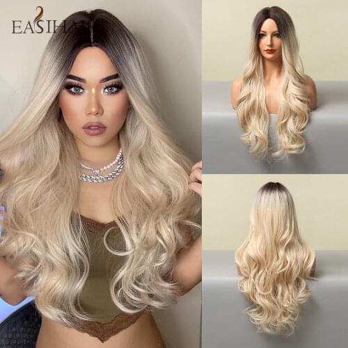EASIHAIR Long Body Wave Synthetic Wigs for Women Brown to Light Blonde Ombre Wigs Cosplay Natural Hair Wig Daily Heat Resistant