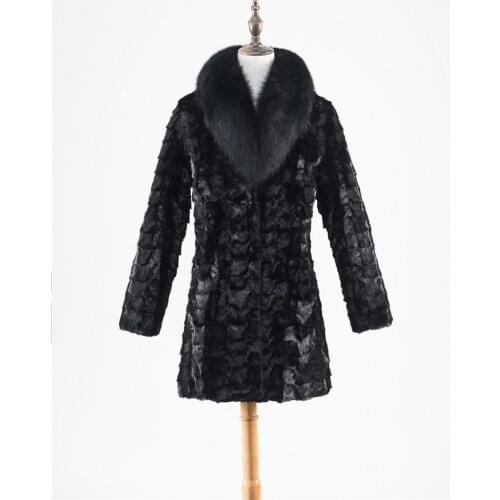 Genuine real natural mink fur coat with fox fur collar womens fashion warm winter waistcoats jacket outwear custom any size
