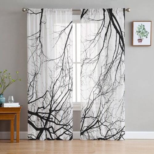 Silhouette Of Branches Tree Window Curtains Bedroom Modern Drape Sheer Tulle Valances Living Room Kitchen Voile Curtain