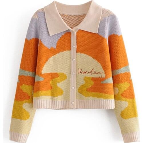 New Spring Women Sweater Colourful Patchwork Cardigan Button Turn-Down Collar Long Sleeve Sweater Fashion Casual Female Tops