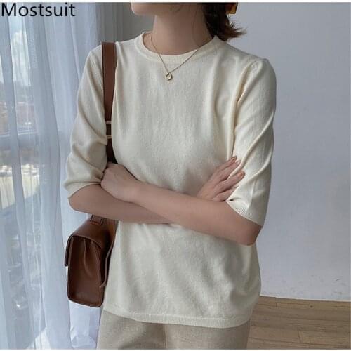 O-neck Knitted T Shirt Tops Women Half Sleeve Solid Fashion Korean Elegant Tees Casual Basic Ladies T-shirts Femme 2021