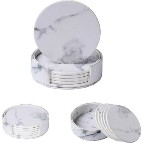Creative Marble PU Leather Coaster Drink Coffee Cup Mat Tea Pad Dining Table Placemats Table Black White Chic Decoration 6PCS