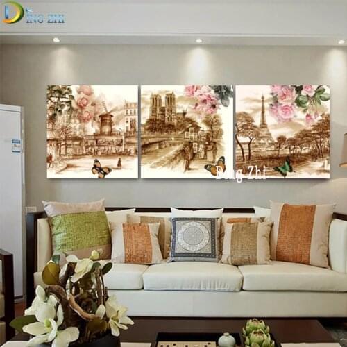 Vintage European Building 5D Diamond Embroidery Triptych Wall Art Diy Diamond Painting Mosaic Cross Stitch The View Of The City