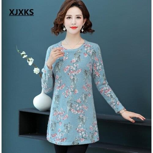 XJXKS Exquisite printed women long sweater pullover 2019 autumn winter new loose plus size women mink cashmere knitted dress