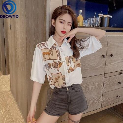 Womens Spring Summer Style Chiffon Blouses Shirt Button Cartoon Printed Turn-down Collar Long Sleeve Loose Casual White Tops