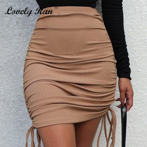 Spring Knitted Drawstring Women Skirt High Waist Khaki Female Bodycon Mini Skirts 2021 New Streetwear Casual Skinny Lady Bottom