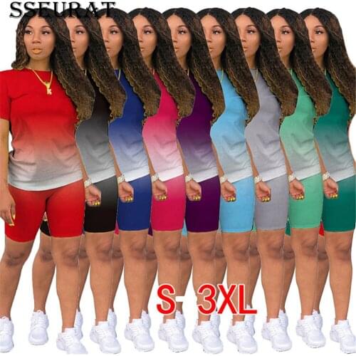 SSEURAT Women Matching Set Gradient Print T-shirt Tops Knee Length Shorts Jogger Pant Suit Two Piece Set Sport Outfit 2021
