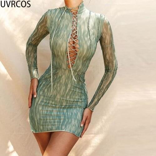 UVRCOS Outfits For Women 2021New Arrival Mini Dress Hot Streetwear Trendy Clothes Sexy Cleavage Bandage Cut Out Mesh Print Dress