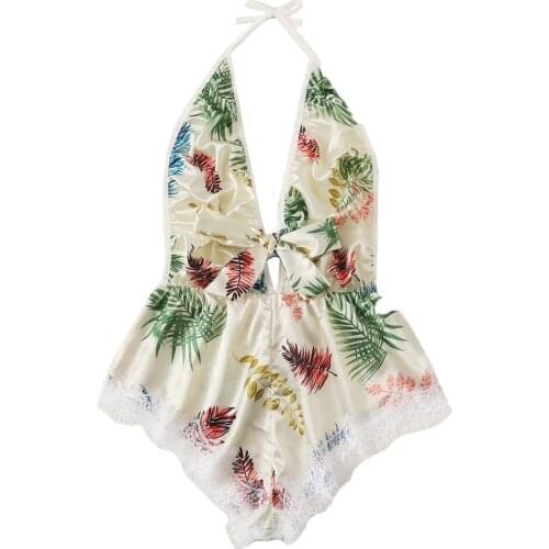 Stylish Bar Women Sexy Silk Lingerie Sleepwear Ladies Lace Stain Bow Lingerie Underwear Print Backless Bodysuit Pajamas Jumpsuit