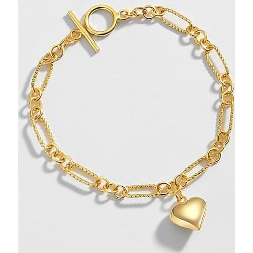 Authentic 925 Sterling Silver Twist Oval O Chain & Love Heart Charm "O T" Chain Bracelet Wrist C-2107218