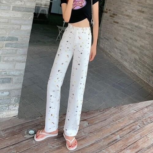 White Graffiti Printed Tie-dye Jeans Vintage Denim Pants Women High Waist Straight Plus Size 5XL Harajuku Ladies Hip Hop Pants