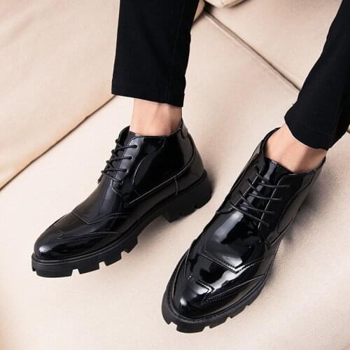 Platform Ankle Boots for Men Male Black Patent Leather Shoe Man Formal Dress Fall Winter Boots Homme Fashion Leather Mens Boots