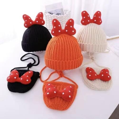 Childrens Beanie Cute Hat Baby Beret Autumn And Winter New Boy And Girl Warm Thick Hedging Knitted Hat Two-piece Hat And Bag