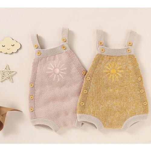 Breathable Baby Girls Boys Romper, Sweet Style Infant Summer Creative Sun Embroidery Sleeveless Knitted Suspender Jumpsuit