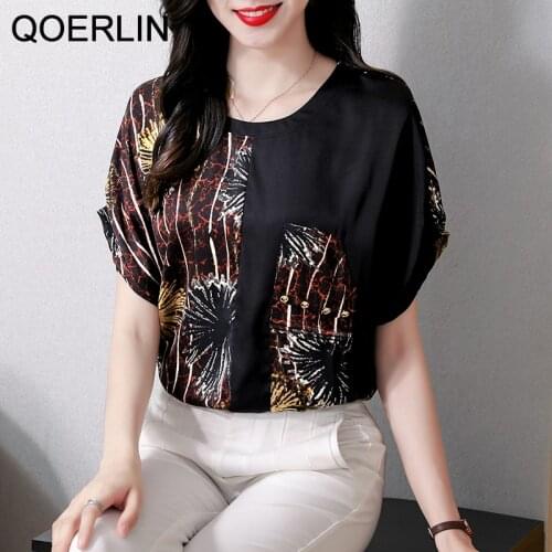 QOERLIN Elegant O-Neck Blouse Womens Summer 2021 New Style Mom Tops Shirts Short Sleeve Printed Floral Chiffon Shirt Big Size