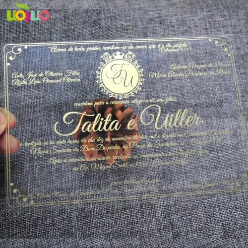 Customized 5X7inch screen printing white clear Acrylic Wedding Invitations Card gold printing
