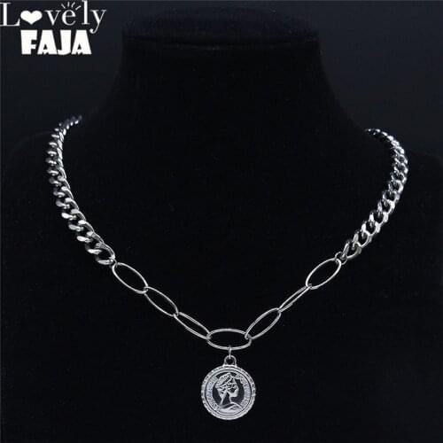 2021 Stainless Steel Coin Choker Necklace for Women Silver Color Statement Necklace Jewelry chaine acier inoxydable NK215S03