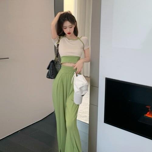 Summer Two-Piece Suit Women Loose Ice Silk High-Waisted Wide-Leg Pants +One-Shoulder Slim T Shirt Short Top Leisure Sports Suit