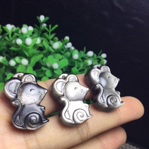 Natural silver obsidian small rat pendant about 25mm