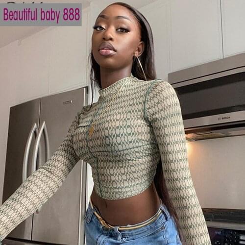 Meqeiss Fashion Long Sleeve Vintage Print Mesh See Through Bodycon Tshirt Autumn Winter Women Sexy Streetwear Casual Clothing