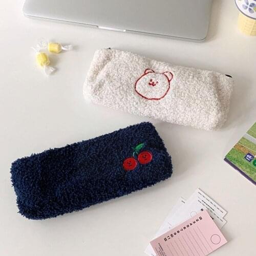 Cute Smile Embroidered Plush Pencil Bag Korea Soft Kawaii Pencilcase Office Cosmetic Storage Bag Stationery Sundry Supply K2L6