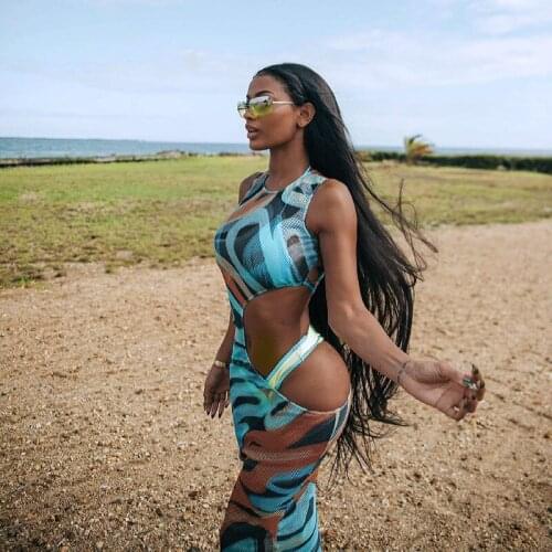 2021 New Women Bikini Cover-ups Tie-dye Print Mesh Sheer Beach Dress Sleeveless Hollow Out See Through Sexy Club Dresses Female