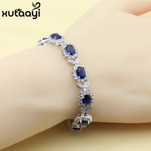 New Flower Blue Zircon White Crystal Sterling Silver colorcolor Jewelry Overlay Adjustable Link Chain Bracelet length 18+3 cm