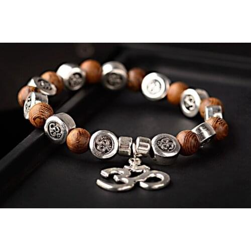 Ethnic Silver Color OM Pendant Buddha Charm Yoga Bracelet 8MM Natural Stone Beaded Bracelet Yoga Chakra Jewelry Pulseras
