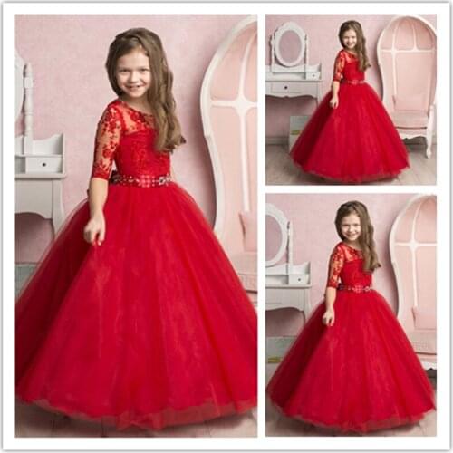 Formal Girls 2020 Scoop Neck Red Lace Flower Girl Dresses Pageant Party Dresses Half Sleeve Childrens First Communion Dresses
