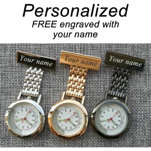 Personalized Your Name Engraved Pin Brooch BIG Count Pluse Meter Dial Luminous Hand Top Quality Stainless Fob Nurse Pocket Watch