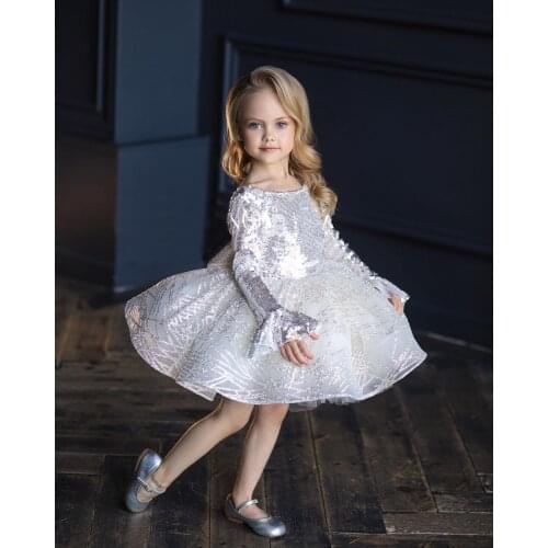Customized Long Sleeve Girls Dress Knee Length Flower Girl Sequined Dress Baby Girl Birthday Dress Christmas Gown AG0429