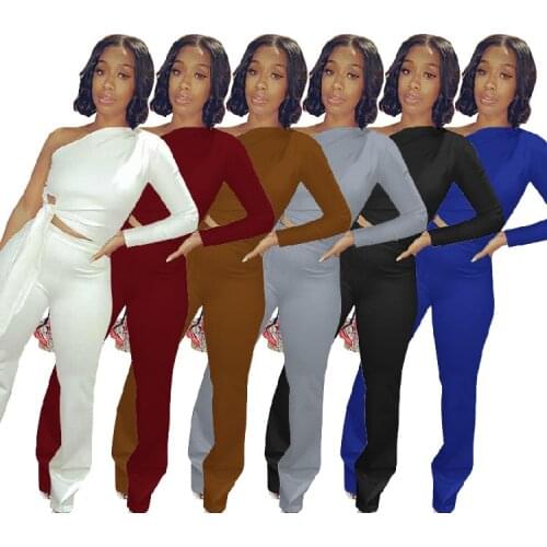Casual Women 2 Piece Set One Shoulder Crop Top + Pants Tracksuit Sportsuit Winter Clothes Outfit Solid 6 Color