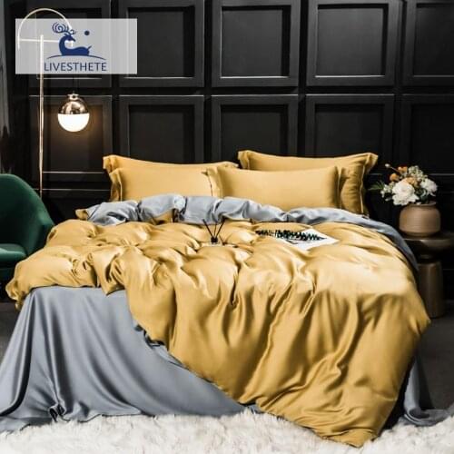 Liv-Esthete Beauty Luxury 100% Silk Bedding Set Healthy Yellow Gray Quilt Cover Flat Sheet Pillowcase Queen King Bed Linen Set