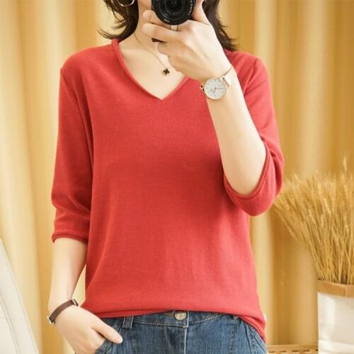 Spring and Autumn New Style 100% Cotton Ladies T-shirt Knitted Hooded 5-point Sleeve Loose Large Size Ladies Short Sleeve
