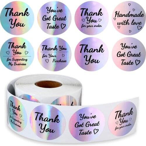 Thank You Roll Stickers Business Thank You Labels Round Shape Adhesive Holographic Stickers Rainbow Holo Stickers Gift Package