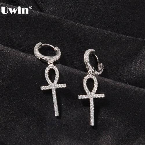 UWIN 1 Pair Iced Zircon Ankh Cross Drop Earrings Micro Paved AAA Bling CZ Stone Earrings Men Women Hip Hop Jewelry Drop Shipping